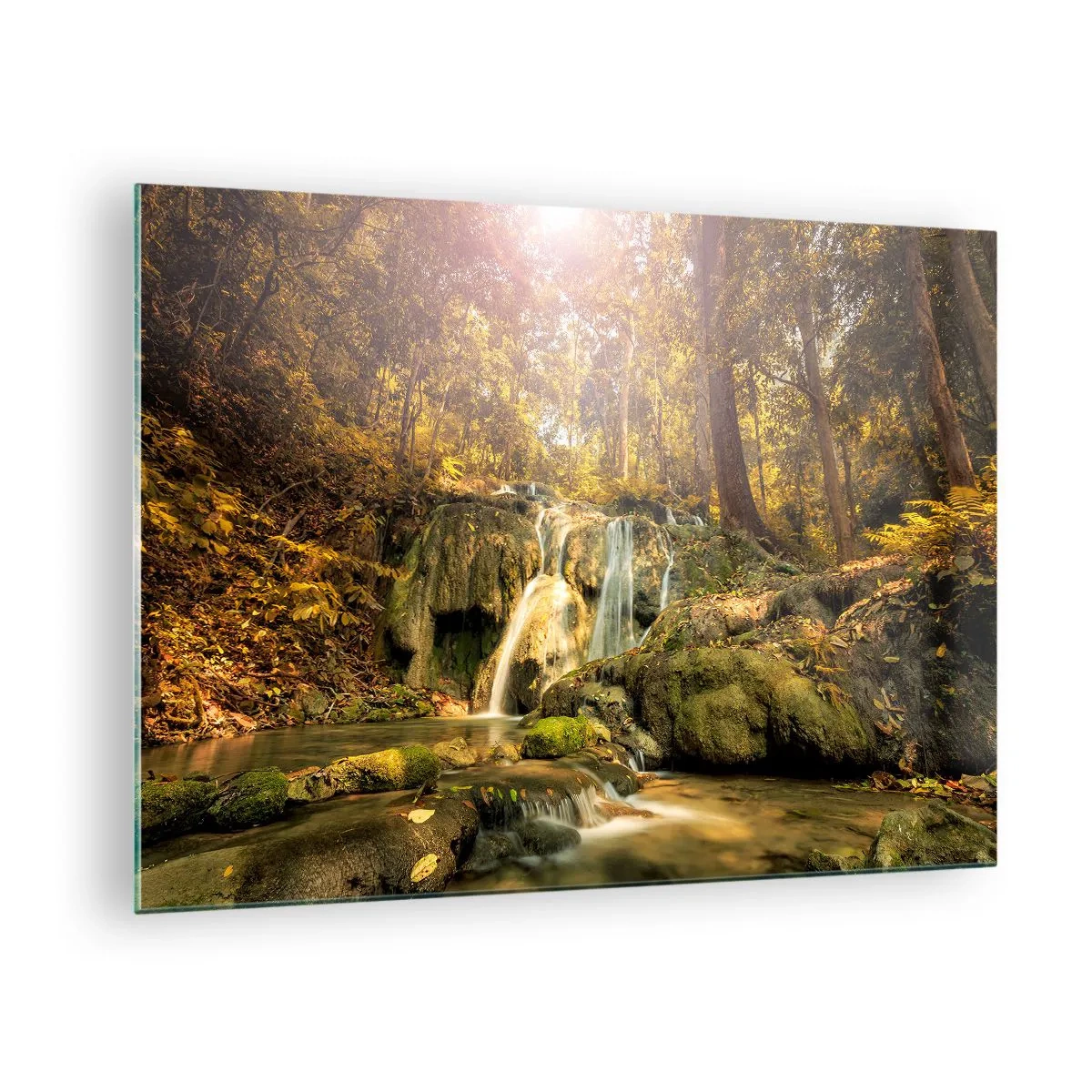 Impression sur verre - Image sur verre - Cascade forestière dans la verdure - 70x50cm - Cascade de forêt en vert - Décoration murale moderne pour le salon et la chambre ARTTOR