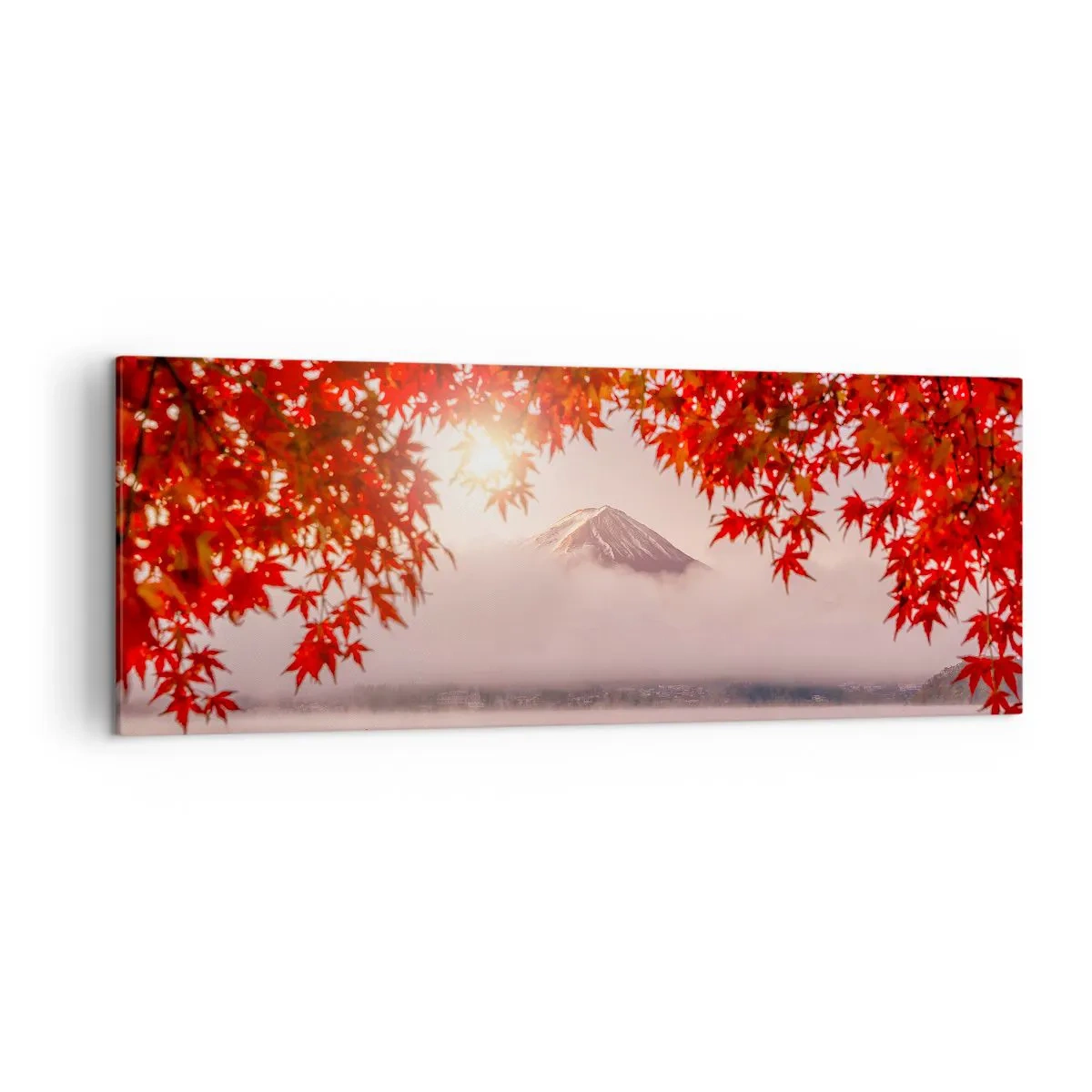 Impression sur toile - Image sur toile - Un bateau sur un lac entouré de feuilles d'érable rouges - 140x50cm - Dans le climat japonais - Décoration murale moderne pour le salon et la chambre ARTTOR