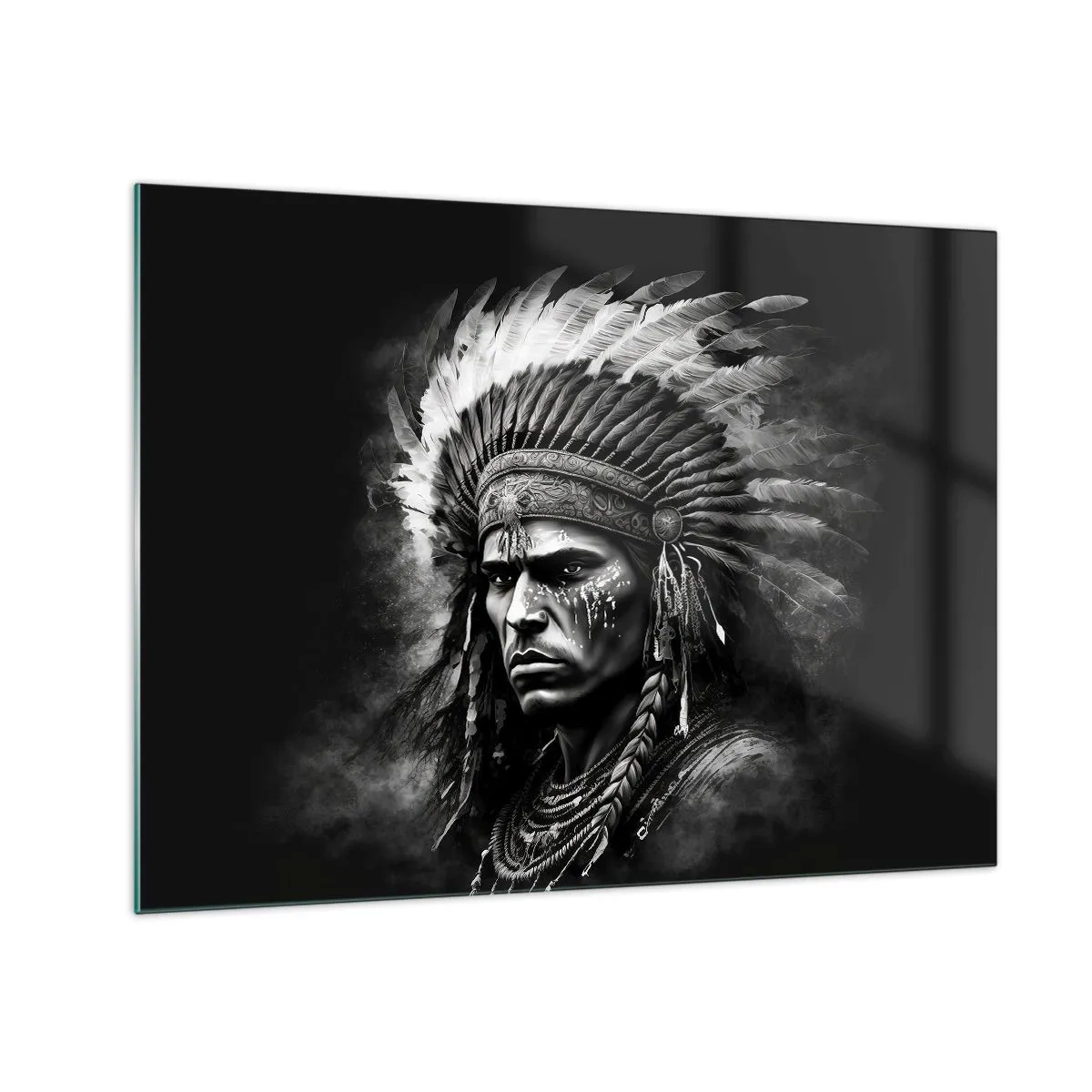 Impression sur verre - Image sur verre - Portrait en noir et blanc d'un guerrier avec une coiffe à plumes - 70x50cm - Un leader et un guerrier - Décoration murale moderne pour le salon et la chambre ARTTOR