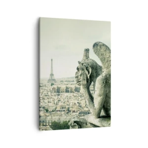 Impression sur toile - Image sur toile - Gargouilles surplombant les toits de Paris et la Tour Eiffel - 50x70cm - Bavardage parisien - Décoration murale moderne pour le salon et la chambre ARTTOR