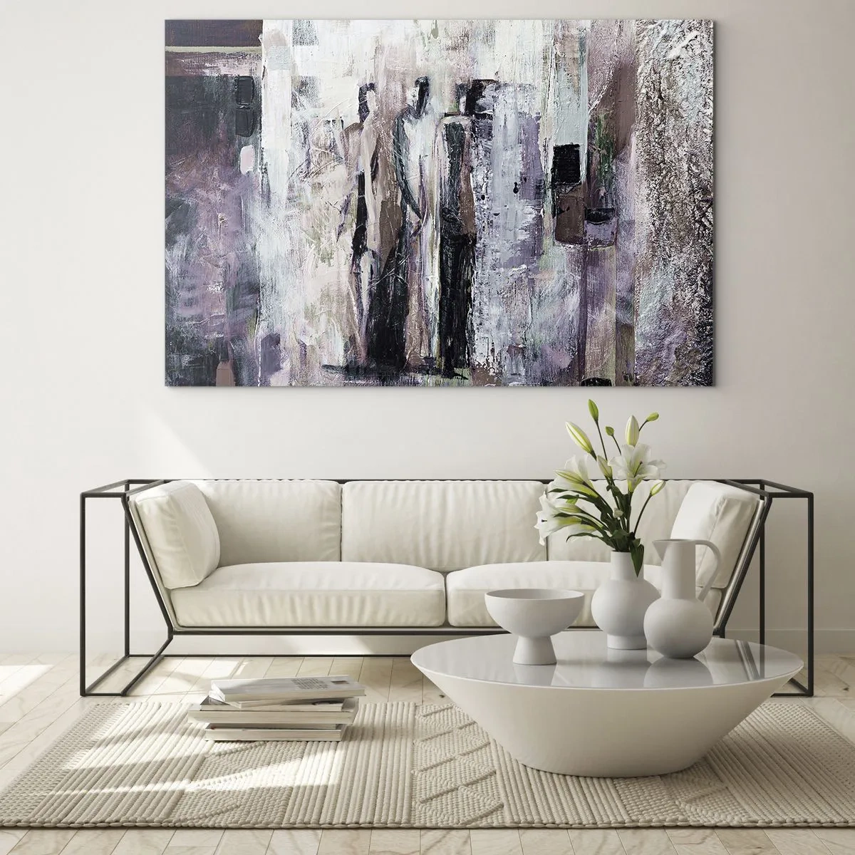 Impression sur verre - Image sur verre - Silhouettes abstraites de personnages sur un fond de peinture texturée - 120x80cm - Les trois mystérieux - Décoration murale moderne pour le salon et la chambre ARTTOR