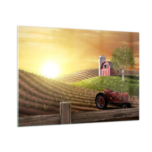 Impression sur verre - Image sur verre - Coucher de soleil sur une ferme avec un champ et un tracteur - 100x70cm - Une ferme comme dans un conte de fées - Décoration murale moderne pour le salon et la chambre ARTTOR