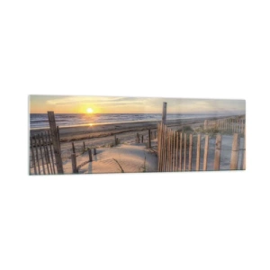 Impression sur verre - Image sur verre - Plage au coucher du soleil avec clôture en bois - 160x50cm - Ombre et brillance du vent - Décoration murale moderne pour le salon et la chambre ARTTOR