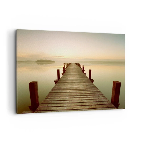 Impression sur toile - Image sur toile - Une jetée en bois sur un lac calme le matin - 100x70cm - L'aube, les premières lueurs, le jour  - Décoration murale moderne pour le salon et la chambre ARTTOR