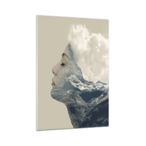 Impression sur verre - Image sur verre - Profil d'une femme avec un paysage de montagnes et de nuages en arrière-plan. - 50x70cm - La beauté des éléments - Décoration murale moderne pour le salon et la chambre ARTTOR
