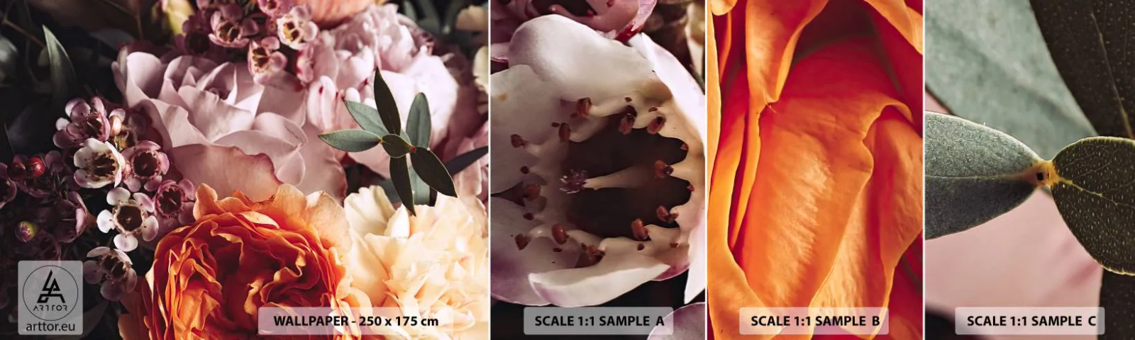 Échantillon De Papier Peint Standard Eco - Enveloppé de beauté - Fleurs, Bouquet de fleurs, Rose - 100x30 cm