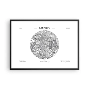 Affiche dans un cadre noir - Poster - Carte de Madrid dans un style minimaliste en noir et blanc - 70x50cm - Anatomie de Madrid - Décoration murale moderne pour le salon et la chambre ARTTOR