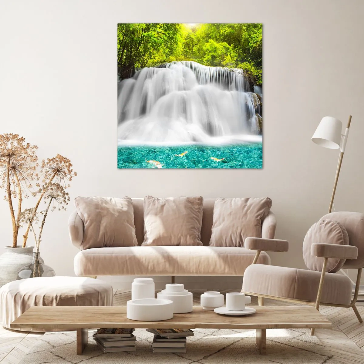 Impression sur toile - Image sur toile - Une cascade mousseuse du vert à l'azur - 50x50 cm
