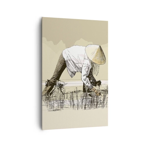 Impression sur toile - Image sur toile - Des agriculteurs travaillant dans une rizière portant des coiffures traditionnelles - 80x120cm - Récolte réussie - Décoration murale moderne pour le salon et la chambre ARTTOR