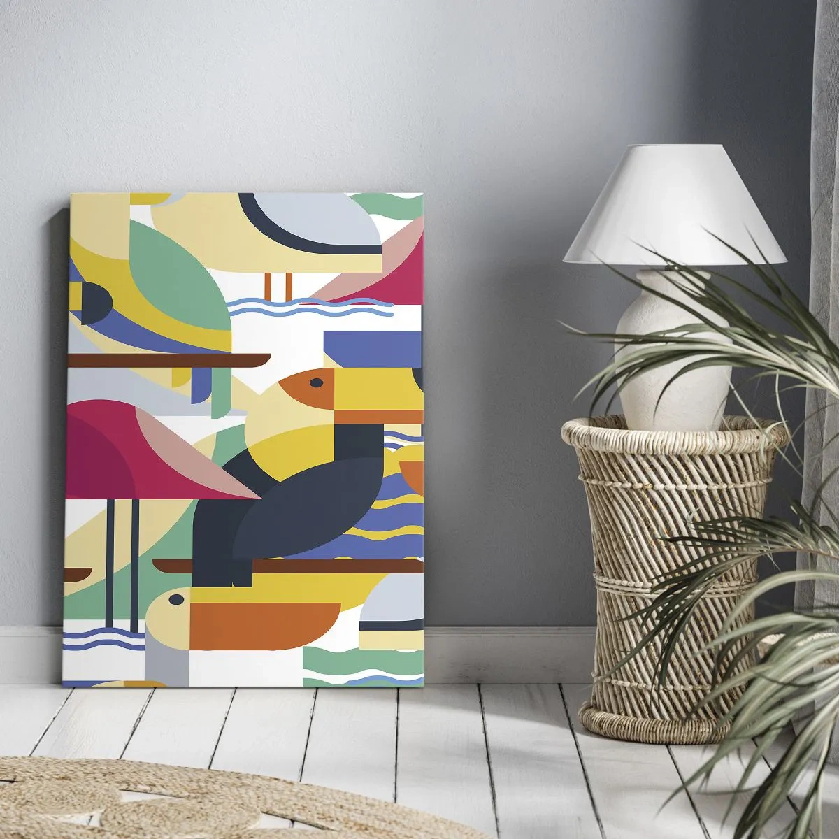 Impression sur toile - Image sur toile - Oiseaux colorés dans une composition abstraite et géométrique - 50x70cm - Fête des oiseaux - Décoration murale moderne pour le salon et la chambre ARTTOR