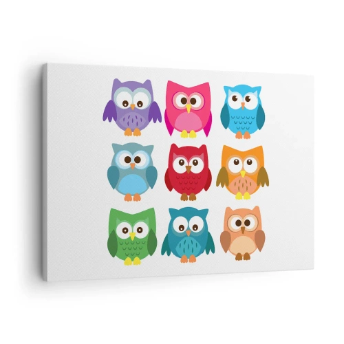 Impression sur toile - Image sur toile - Illustrations colorées de hiboux dans un style enfantin - 70x50cm - C'est amusant d'être différent - Décoration murale moderne pour le salon et la chambre ARTTOR