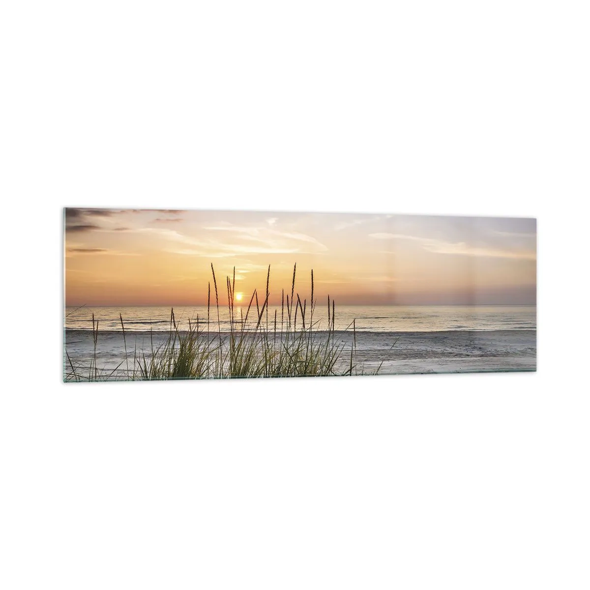 Impression sur verre - Image sur verre - Une plage de sable au coucher du soleil avec de l'herbe en arrière-plan - 160x50cm - Regarde, pense, ressent - Décoration murale moderne pour le salon et la chambre ARTTOR