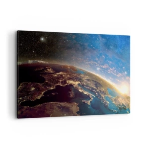 Impression sur toile - Image sur toile - Vue de la Terre depuis l'espace au lever du soleil - 100x70cm - Regardons-nous de loin - Décoration murale moderne pour le salon et la chambre ARTTOR