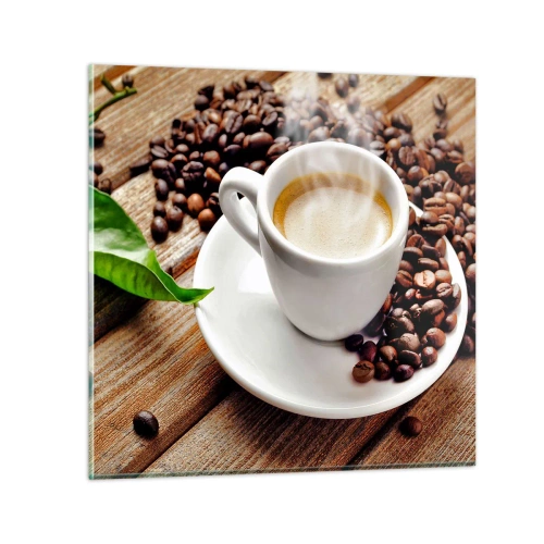 Impression sur verre - Image sur verre - Café sur un banc - 70x70 cm