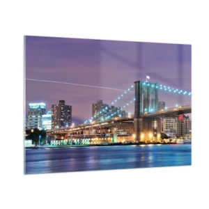 Impression sur verre - Image sur verre - Le pont de Brooklyn la nuit avec les tours et la ville illuminées - 100x70cm - Depuis de nombreuses années le pont de Brooklyn - Décoration murale moderne pour le salon et la chambre ARTTOR