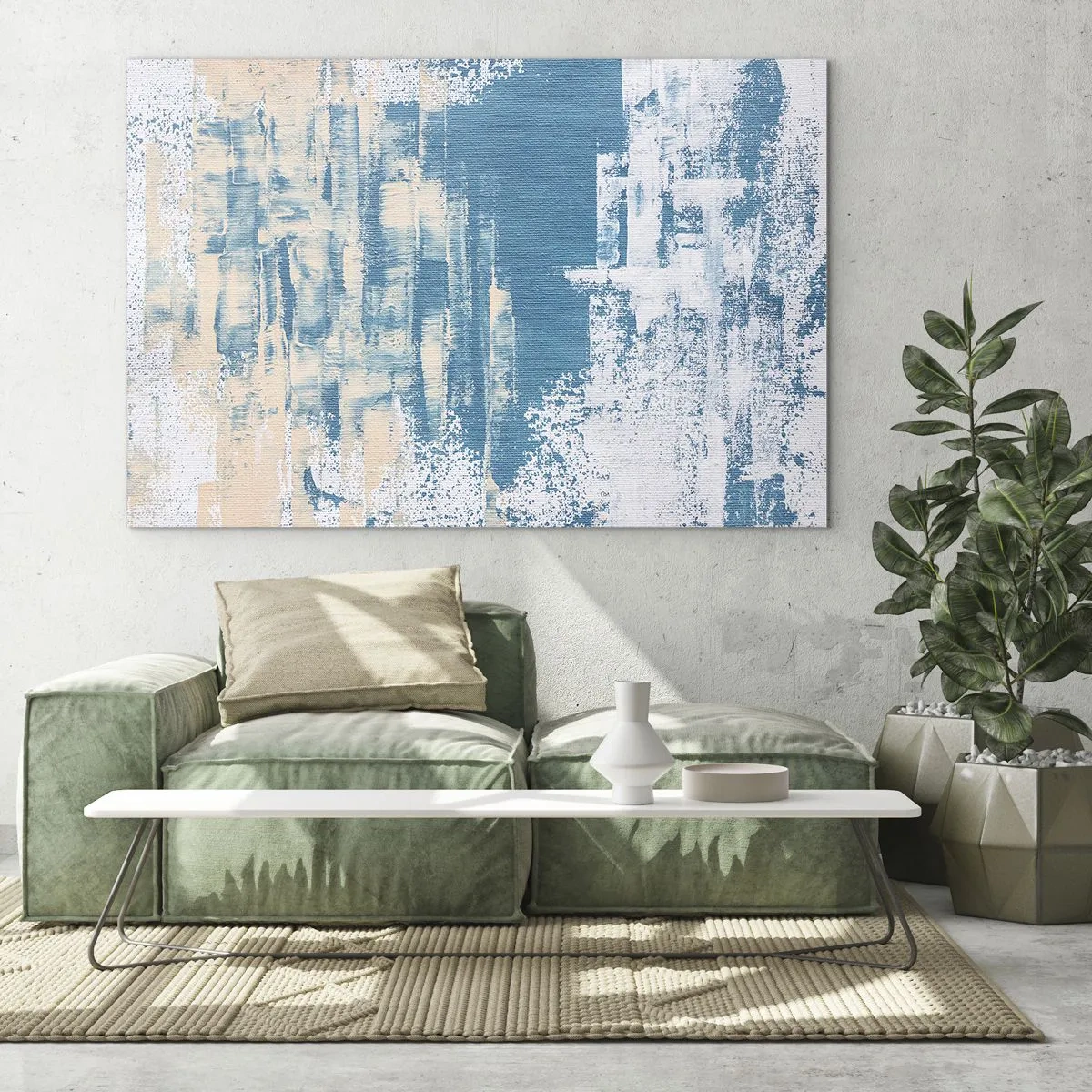Impression sur verre - Image sur verre - Abstraction en bleu et beige avec texture de pinceau - 70x50cm - À travers un iceberg - Décoration murale moderne pour le salon et la chambre ARTTOR