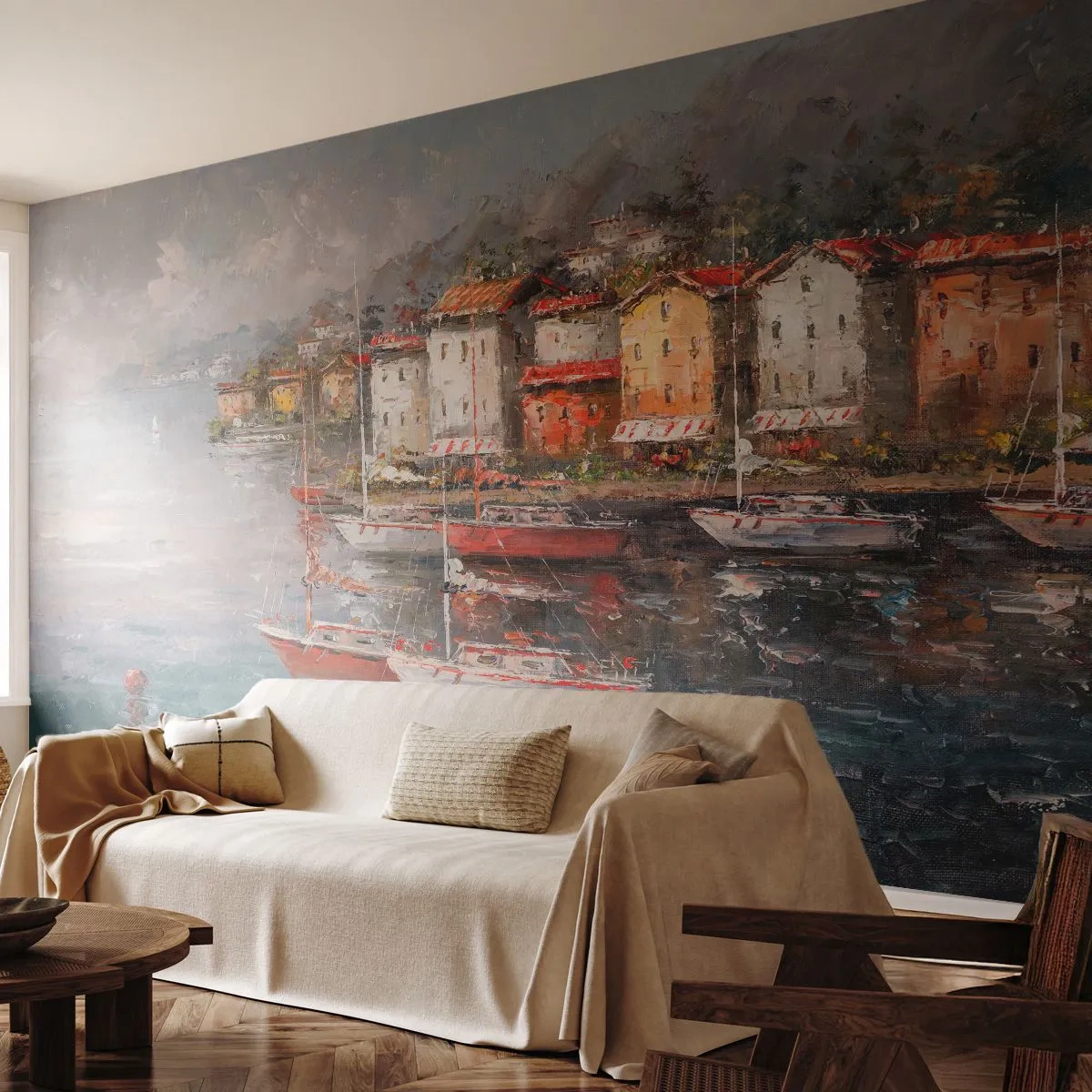 Papier Peint Photo Premium Sand - Havre romantique - Architecture, Ville portuaire, Voilier - 350x256 cm