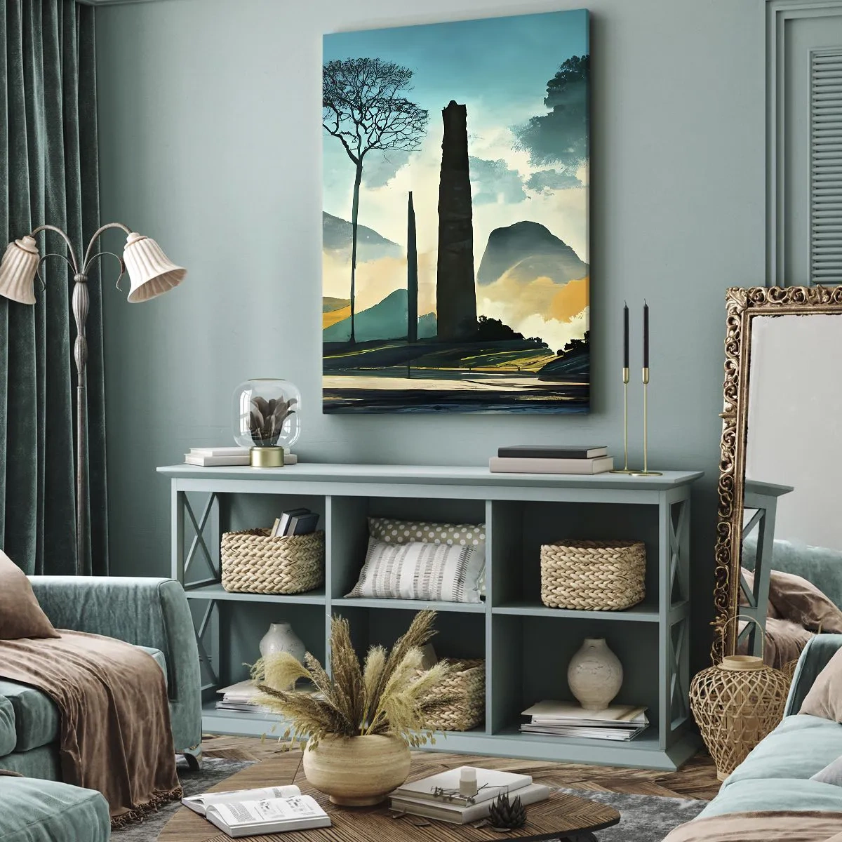 Impression sur toile - Image sur toile - Un paysage pittoresque avec des arbres et des montagnes en arrière-plan - 50x70cm - Toujours de plus en plus haut - Décoration murale moderne pour le salon et la chambre ARTTOR
