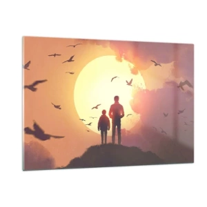 Impression sur verre - Image sur verre - Figures d'un père et de son fils debout sur fond de soleil couchant et d'oiseaux en vol - 120x80cm - Face à face avec le soleil - Décoration murale moderne pour le salon et la chambre ARTTOR
