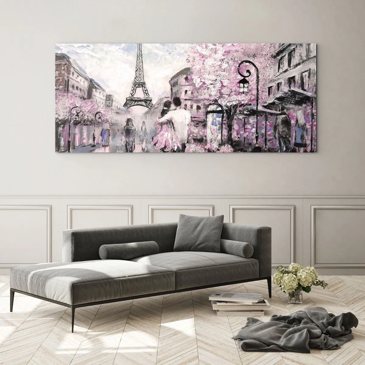 Impression sur verre - Image sur verre - Une promenade romantique à Paris près de la Tour Eiffel - 140x50cm - Comment tomber amoureu, il faut juste... - Décoration murale moderne pour le salon et la chambre ARTTOR