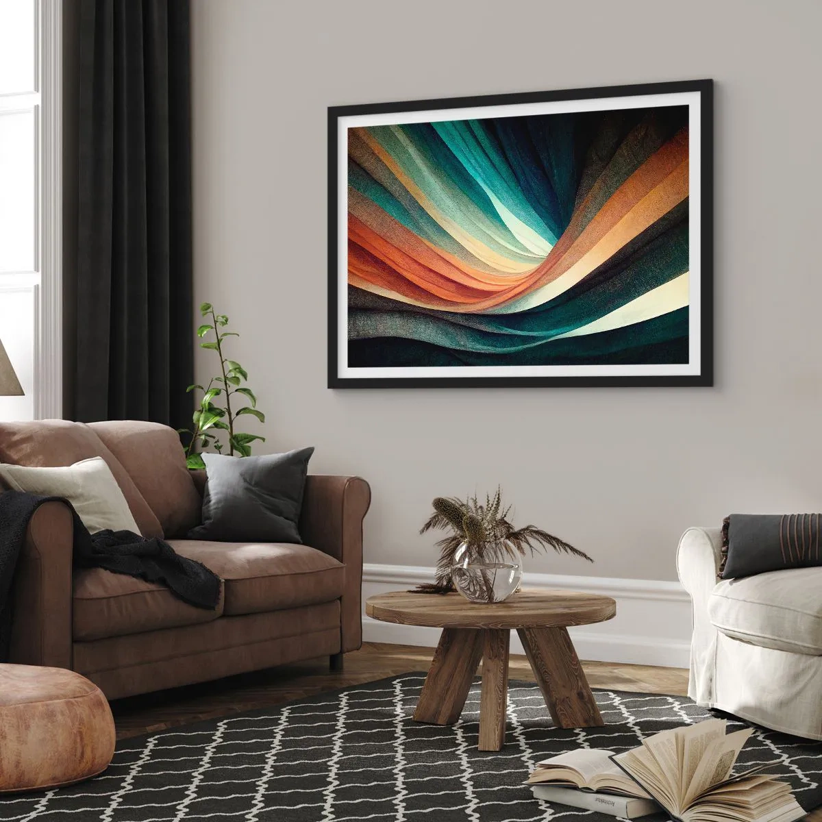 Affiche dans un cadre noir - Poster - Vagues abstraites dans des tons chauds et froids - 70x50cm - Tissé à partir de couleurs - Décoration murale moderne pour le salon et la chambre ARTTOR