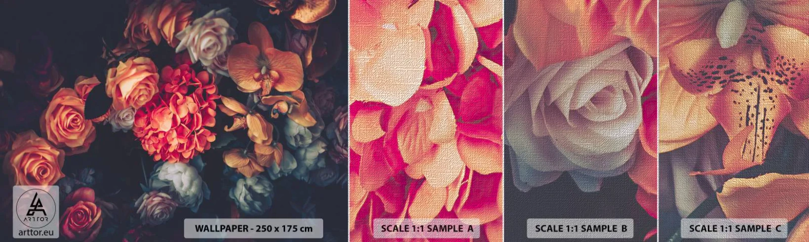 Échantillon de Papier Peint Premium Canvas - Comme chez les maîtres hollandais - Bouquet de fleurs, Fleurs, Des roses - 100x30 cm