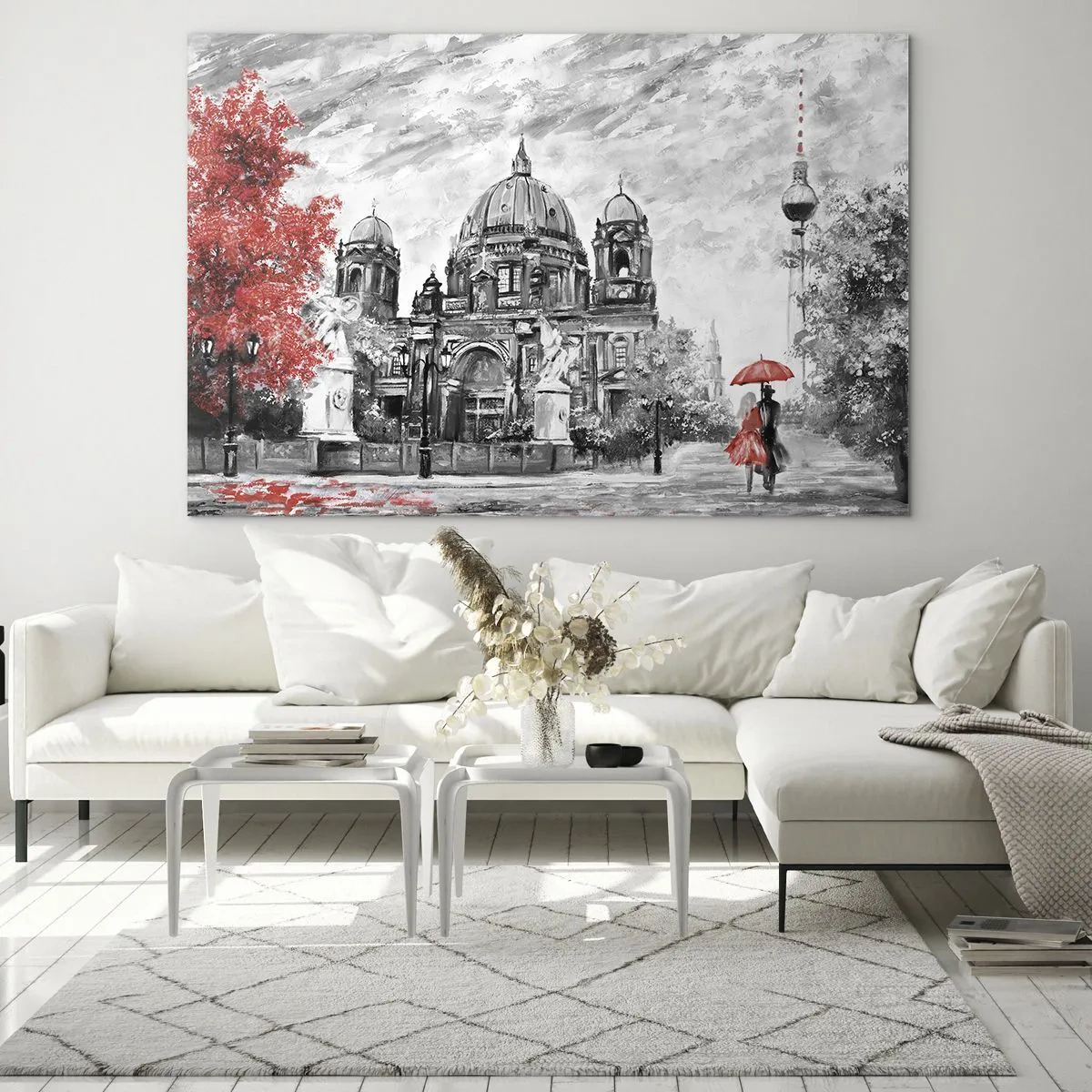 Impression sur verre - Image sur verre - Cathédrale de Berlin avec un accent rouge dans des tons monochromes - 120x80cm - Rencontre berlinoise - Décoration murale moderne pour le salon et la chambre ARTTOR