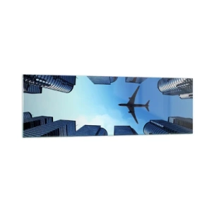 Impression sur verre - Image sur verre - Un avion survolant des gratte-ciels modernes dans le centre-ville. - 160x50cm - La vue depuis le ravin de verre - Décoration murale moderne pour le salon et la chambre ARTTOR
