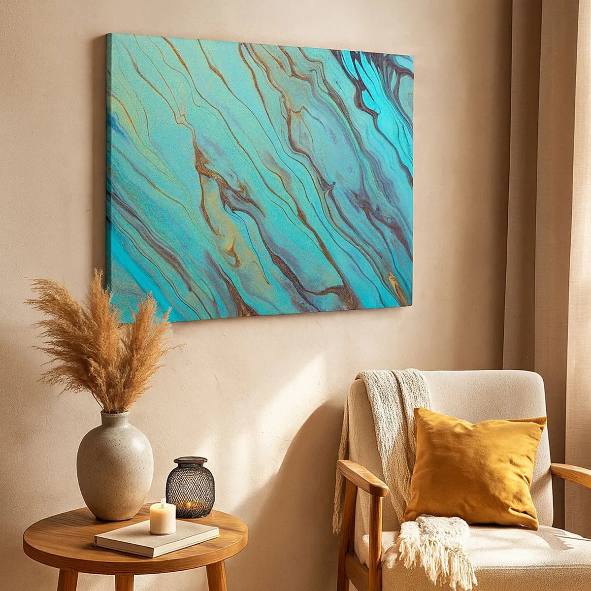 Impression sur toile - Image sur toile - Vagues abstraites dans des tons turquoise et or - 70x50cm - Marée turquoise - Décoration murale moderne pour le salon et la chambre ARTTOR