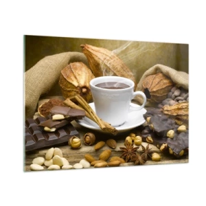Impression sur verre - Image sur verre - Une tasse de chocolat chaud entourée de chocolat et d'épices - 100x70cm - Pour les amateurs de sensations fortes - Décoration murale moderne pour le salon et la chambre ARTTOR