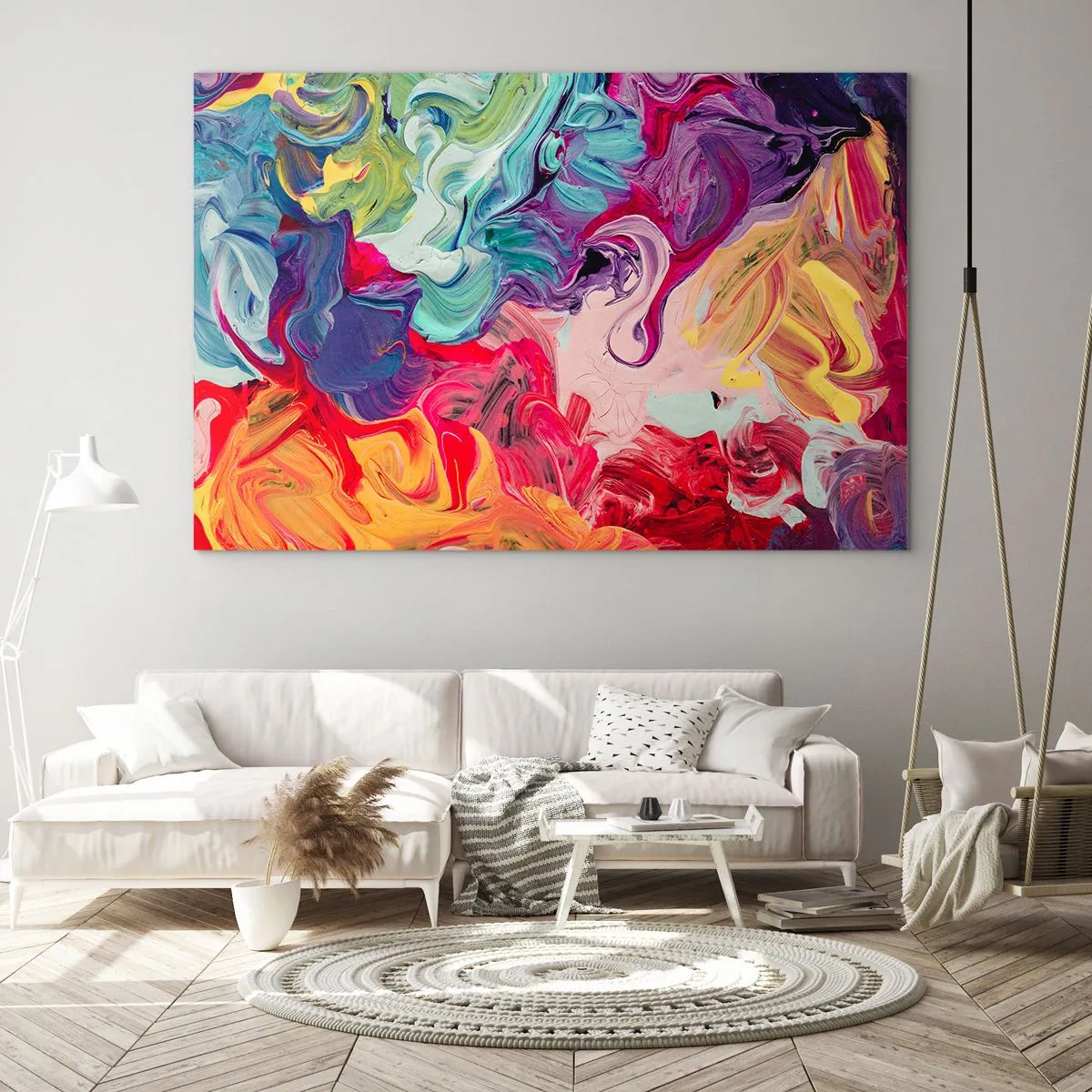 Impression sur verre - Image sur verre - Des traînées de peinture abstraites et colorées sur toile aux couleurs intenses - 100x70cm - La naissance des couleurs - Décoration murale moderne pour le salon et la chambre ARTTOR