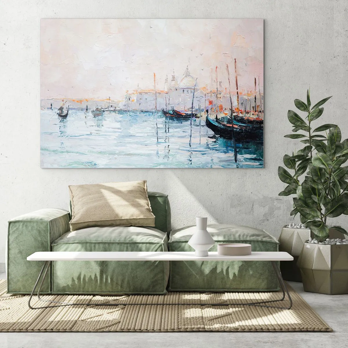 Impression sur verre - Image sur verre - Paysage impressionniste avec bateaux et bâtiments - 100x70cm - Derrière l'eau, derrière le brouillard - Décoration murale moderne pour le salon et la chambre ARTTOR