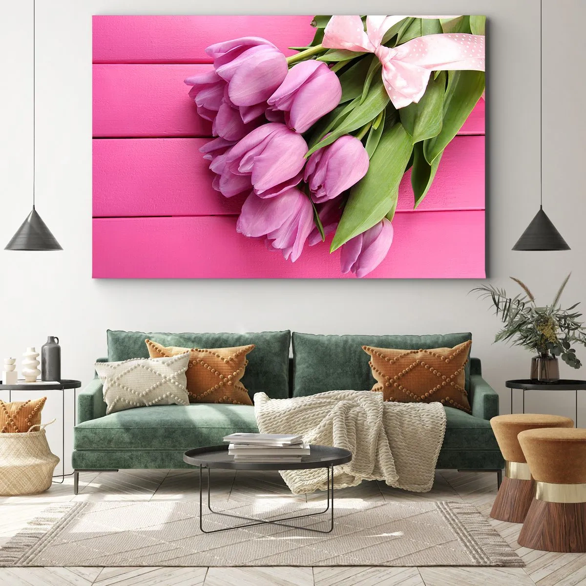 Impression sur toile - Image sur toile - Un bouquet de tulipes roses avec un nœud sur un fond rose - 100x70cm - Juste pour toi - Décoration murale moderne pour le salon et la chambre ARTTOR