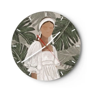 Horloge murale - Pendule murale - Portrait stylisé d'une femme sur fond de feuilles tropicales. - 30x30cm - Portrait exotique - Décoration murale moderne pour le salon, la cuisine et la chambre ARTTOR