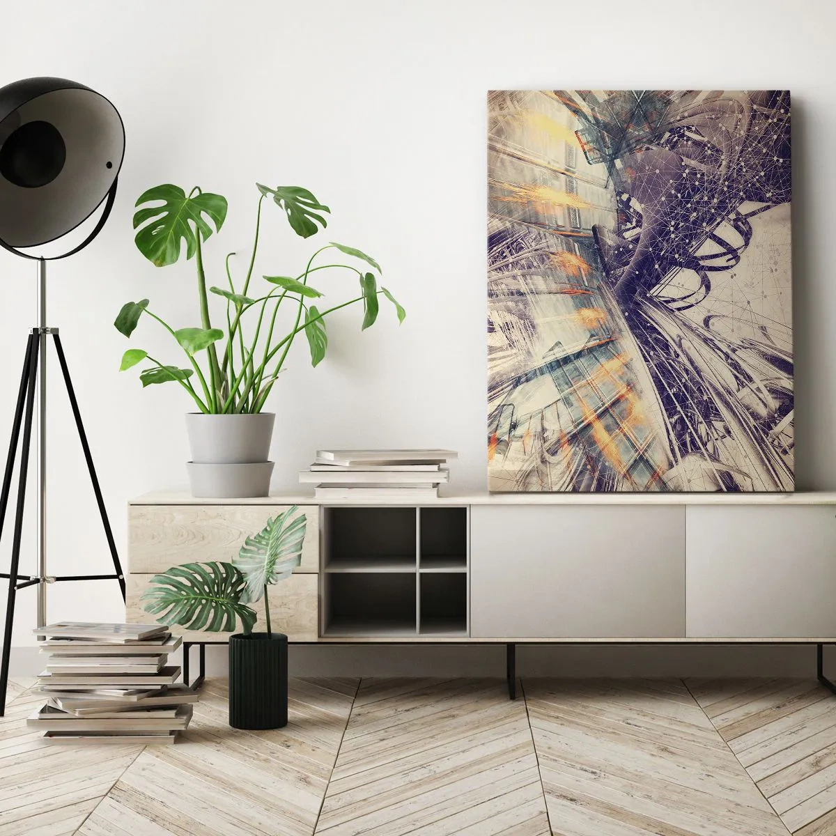 Impression sur toile - Image sur toile - Abstraction dynamique dans les tons beige et violet - 50x70cm - En grande hâte - Décoration murale moderne pour le salon et la chambre ARTTOR