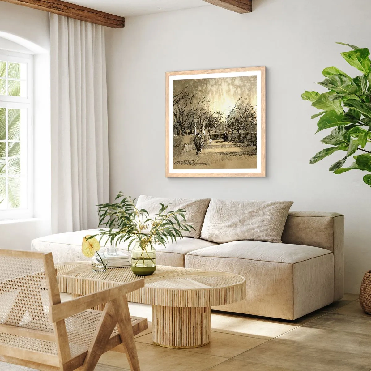 Affiche dans un chêne clair - Poster - Un moment arrêté avec une plume - 50x50 cm