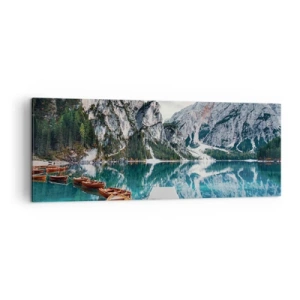 Impression sur toile - Image sur toile - Un lac avec des bateaux entouré de montagnes - 140x50cm - On va te montrer la beauté - Décoration murale moderne pour le salon et la chambre ARTTOR