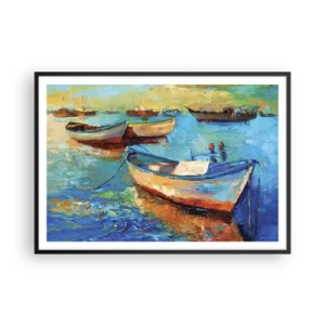 Affiche dans un cadre noir - Poster - Bateaux colorés amarrés sur une eau calme - 100x70cm - Dans la baie du sud - Décoration murale moderne pour le salon et la chambre ARTTOR