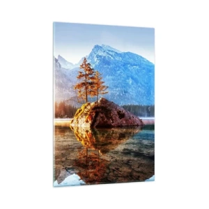 Impression sur verre - Image sur verre - Un lac avec des îles et des montagnes en arrière-plan au lever du soleil - 80x120cm - La nature sous un nouveau jour - Décoration murale moderne pour le salon et la chambre ARTTOR