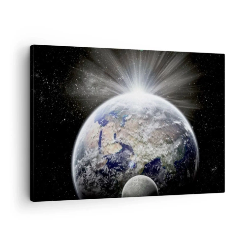 Impression sur toile - Image sur toile - La Terre et la Lune illuminées par la lueur de l'espace - 70x50cm - En pleine splendeur - Décoration murale moderne pour le salon et la chambre ARTTOR