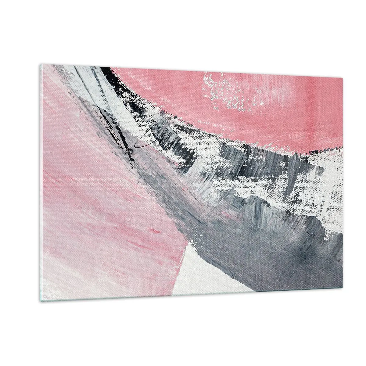 Impression sur verre - Image sur verre - Abstraction moderne en rose, blanc et gris avec texture de coup de pinceau - 120x80cm - Composition assortie - Décoration murale moderne pour le salon et la chambre ARTTOR