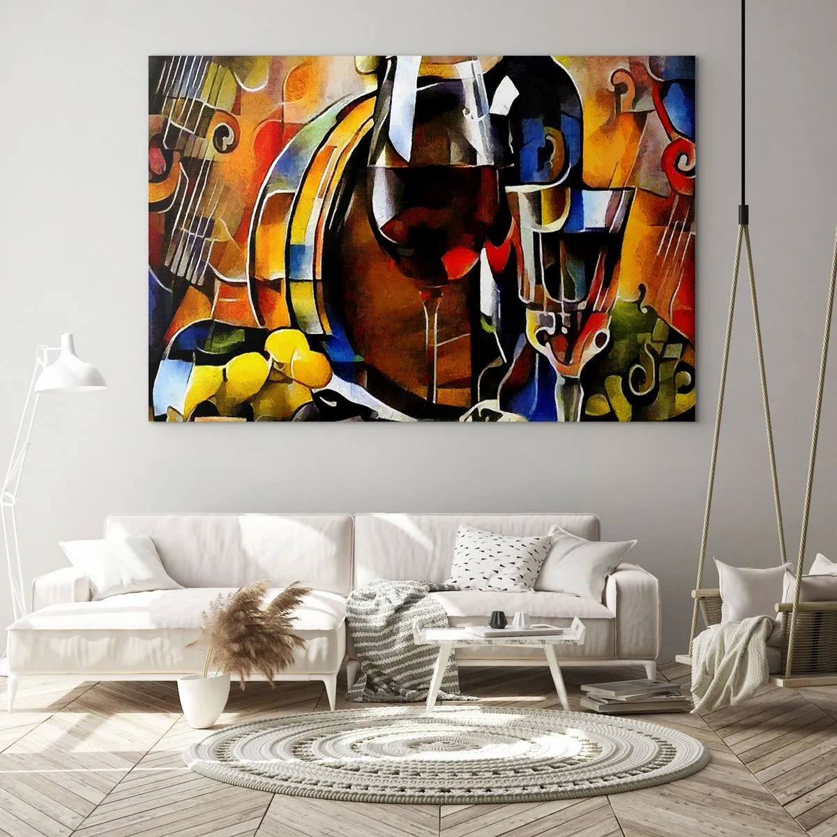 Impression sur verre - Image sur verre - Composition abstraite avec verres de vin et instruments - 100x70cm - Et le monde prend des couleurs - Décoration murale moderne pour le salon et la chambre ARTTOR