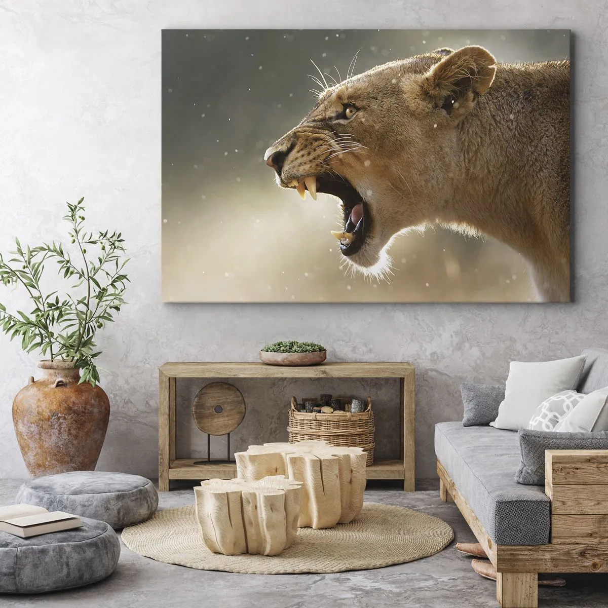 Impression sur toile - Image sur toile - Portrait d'une lionne rugissante à la lumière naturelle - 70x50cm - Essayez  de ne pas écouter - Décoration murale moderne pour le salon et la chambre ARTTOR
