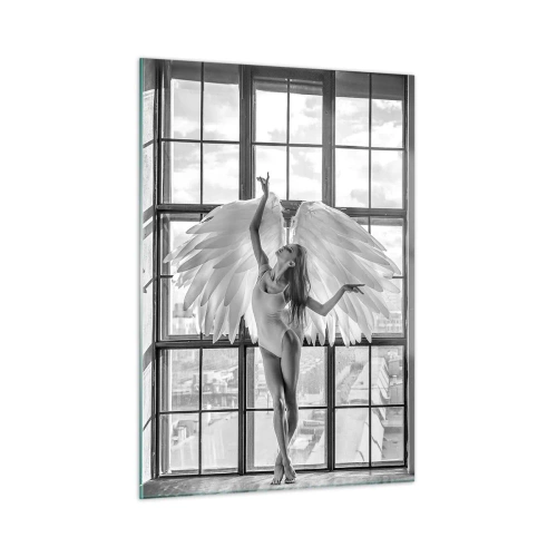 Impression sur verre - Image sur verre - Ballerine avec des ailes d'ange en noir et blanc - 50x70cm - La ville des anges? - Décoration murale moderne pour le salon et la chambre ARTTOR
