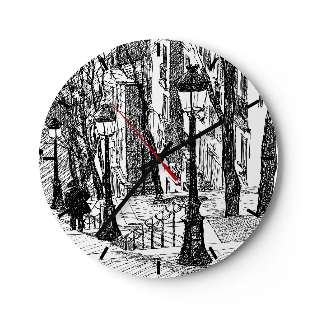 Horloge murale - Pendule murale - Un dessin en noir et blanc d'une rue avec des lanternes et une silhouette qui marche. - 30x30cm - Une histoire d'amour ou une histoire d'horreur ? - Décoration murale moderne pour le salon, la cuisine et la chambre ARTTOR