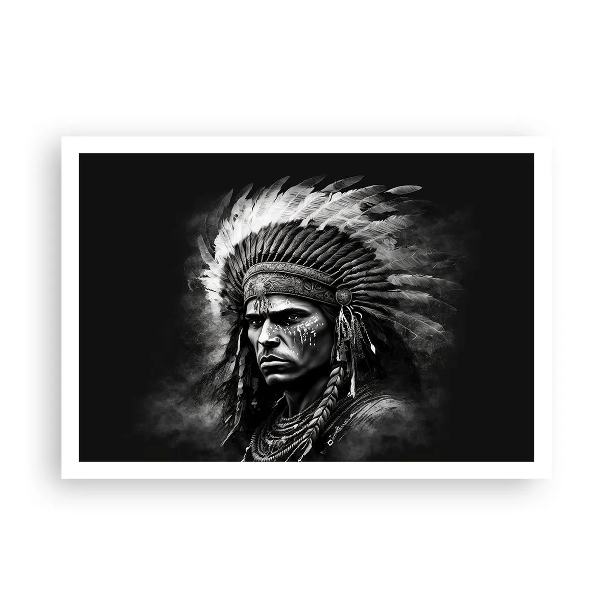 Affiche - Poster - Portrait d'un chef portant une coiffe à plumes sur fond noir - 100x70cm - Un leader et un guerrier - Décoration murale moderne pour le salon et la chambre ARTTOR
