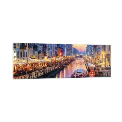 Impression sur verre - Image sur verre - Un canal éclairé entouré de bâtiments colorés - 160x50cm - Soirée de lumière et de jeu - Décoration murale moderne pour le salon et la chambre ARTTOR