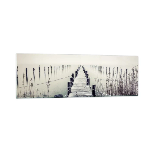 Impression sur verre - Image sur verre - Un pont en bois menant à un espace brumeux - 160x50cm - Plongez dans la paix - Décoration murale moderne pour le salon et la chambre ARTTOR