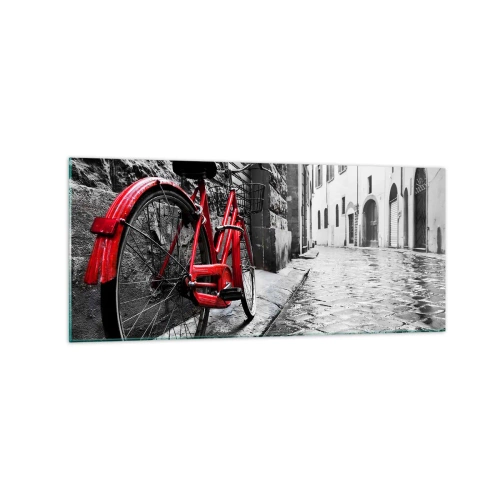 Impression sur verre - Image sur verre - Vélo rouge dans une rue en noir et blanc - 120x50cm - La vraie beauté ne vieillit pas - Décoration murale moderne pour le salon et la chambre ARTTOR