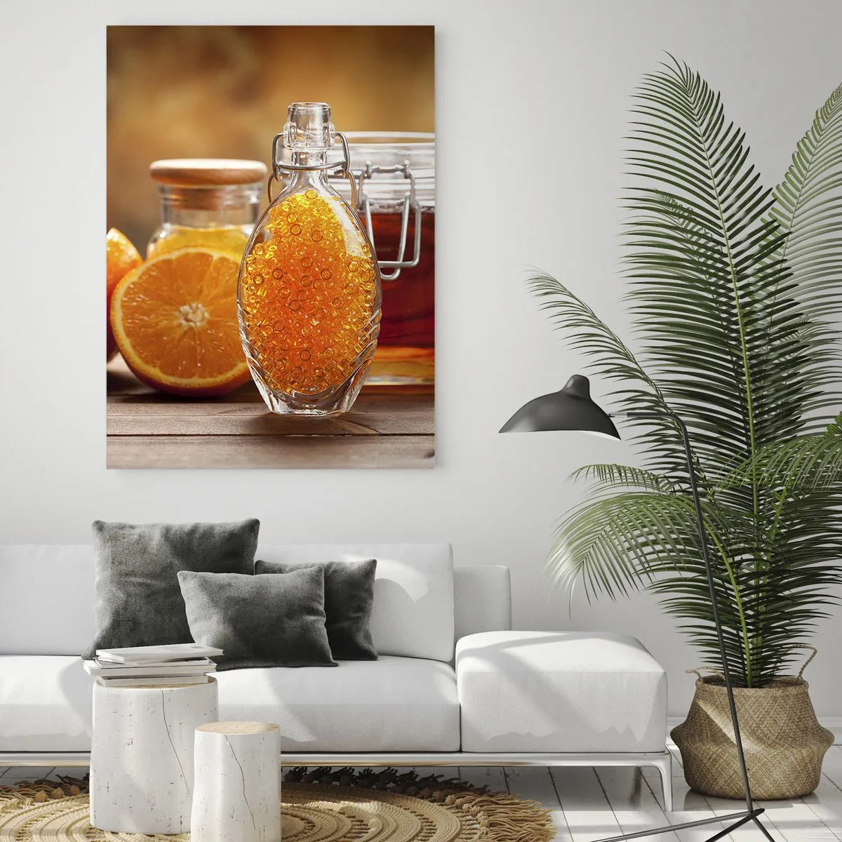 Impression sur verre - Image sur verre - Une bouteille d'huile et une orange sur une table en bois - 50x70cm - Saveurs et arômes ensoleillés - Décoration murale moderne pour le salon et la chambre ARTTOR